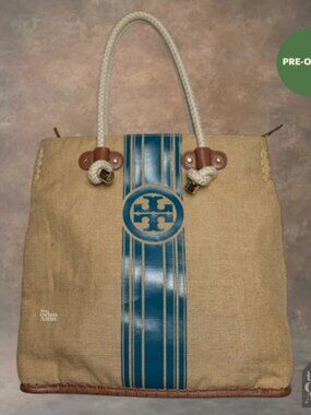 Tory Burch Burlap Striped Shopper Tote Bag 'Natural/Teal Blue' Pre-Owned